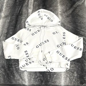 Guess. Hoodie. Cinched waist. Fleece interior. White and navy blue.